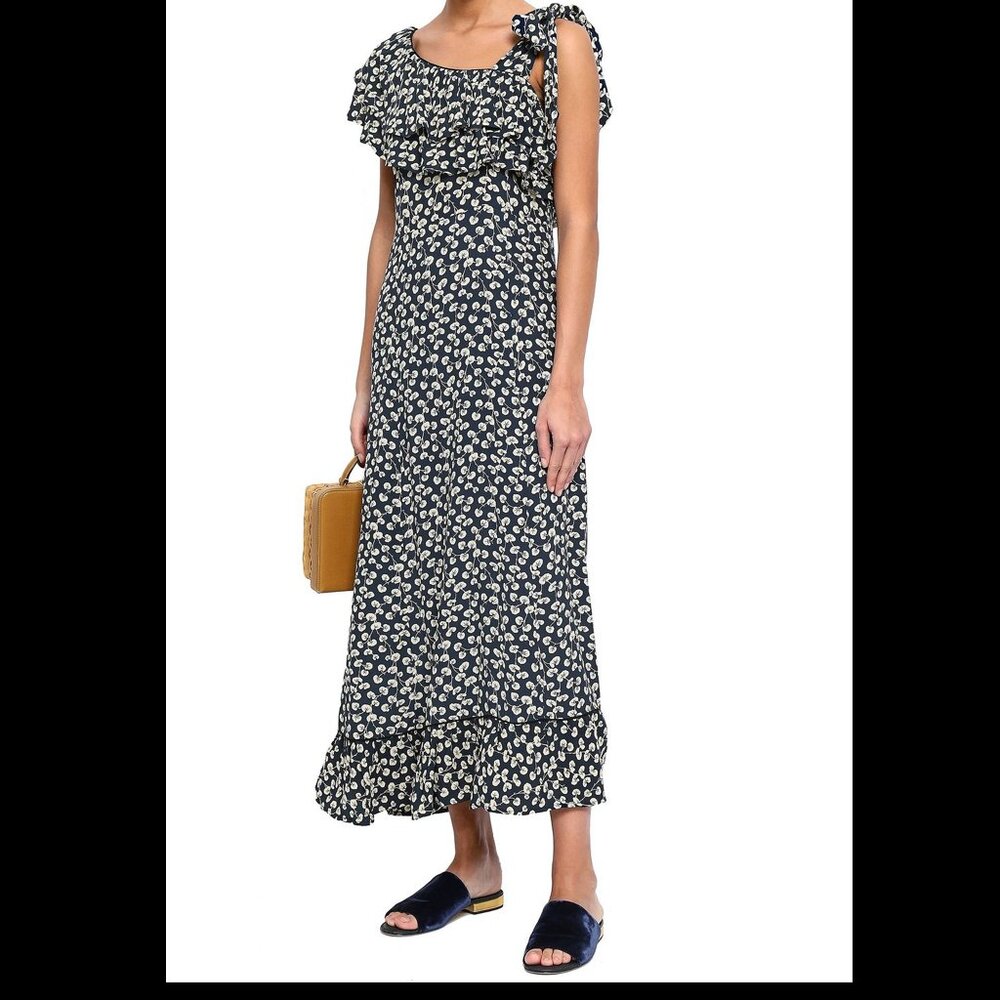 Ganni Roseburg Navy Floral Asymmetrical One-Shoulder Dress